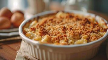 uma cremoso rico Mac e queijo caçarola cozido com uma crocantes migalhas de pão cobertura satisfaz até a mais exigente do comedores foto