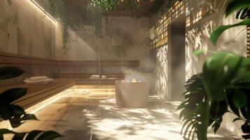 uma ervas vapor sauna Onde natural essências estão liberado para dentro a ar criando uma relaxante e rejuvenescedor ambiente. foto