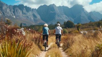 Como elas pedal através uma imaculado natureza reserva a Mais velho casal em elétrico bicicletas aquecer dentro a fresco ar e deslumbrante Visualizações totalmente abraçando uma sustentável e ambiental foto