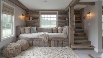 uma rústico loft cama fez a partir de recuperado madeira feixes completo com uma construídas em lendo recanto e armazenamento prateleiras foto