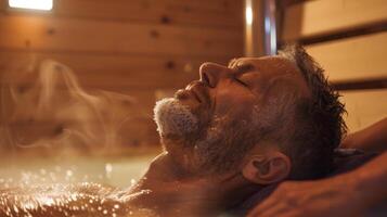 uma fisica a demonstrando apropriado respiração técnicas para uma paciente durante uma sauna sessão. foto