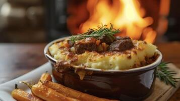 a final conforto Comida com rico camadas do concurso carne e legumes coberto com uma dourado camada do amassado batatas e cozido para perfeição dentro uma tradicional chalé lareira foto