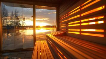a sauna panorama às crepúsculo com suave dourado luz brilhando através a janelas e criando uma tranquilo atmosfera para desintoxicação e renovação. foto