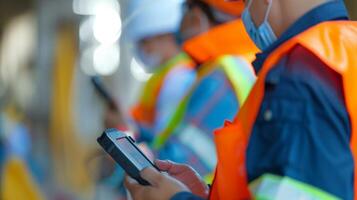 uma equipe do qualidade ao controle inspetores é visto usando portátil dispositivos para Varredura materiais e comparar eles para a projetos especificações garantindo alta qualidade construção foto