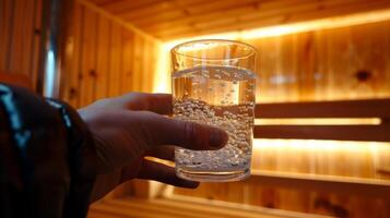 uma mão alcançando para uma vidro do água dentro a sauna ilustrando a importância do ficando hidratado durante sauna usar. foto