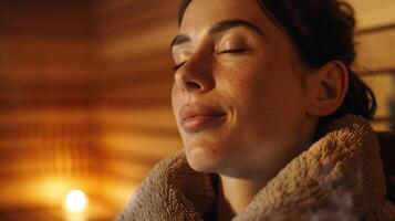 uma mulher com dela olhos fechadas desfrutando a calor e relaxamento do uma sauna sessão. ela desgasta uma resfriamento toalha por aí dela pescoço para gerir dela corpos temperatura. foto