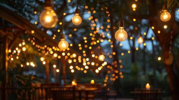 cordas do ling luzes estavam amarrado ao longo a árvores criando uma encantador ambiente ao lado a luz de velas cozinhando concorrência. 2d plano desenho animado foto