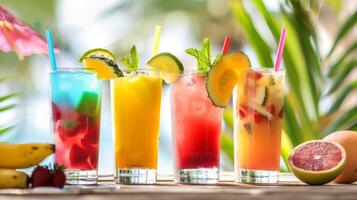 uma variedade do refrescante mocktails exibido em uma com tema de praia Barra Incluindo frutado misturas e tropical sabores foto