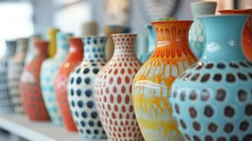 uma Series do cerâmico vasos com negrito padrões e contrastante cores exibindo a sem fim criativo possibilidades quando concepção personalizadas peças. foto