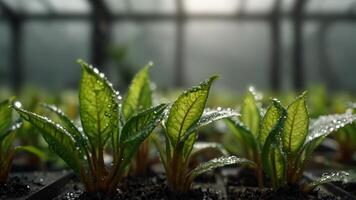 jovem plantas, brotos crescendo dentro uma estufa. borrado natureza fundo. colheita cultivo conceito foto