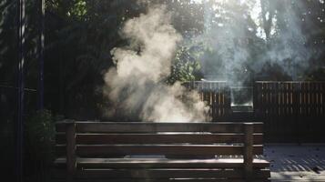 a vapor redemoinhos por aí a pessoa Como elas sentar em uma de madeira Banco sentindo-me a calor tratar seus poros. foto