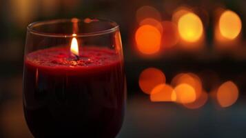 uma fechar-se do uma vidro preenchidas com uma vibrante vermelho suco refletindo a suave brilho do luz de velas foto