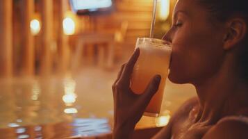 uma pessoa bebericando em uma refrescante beber dentro uma sauna com uma placa anunciando a Novo fidelidade programa para dedicada sauna membros. foto