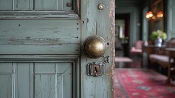 uma fechar-se do uma belas restaurado original vidro porta e hardware em uma porta dentro uma 19 século grego renascimento casa adicionando uma toque do elegância e autenticidade para a espaço foto