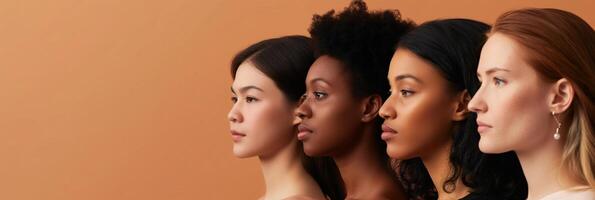 ai gerado diverso mulheres com variado pele tons em pé lado de lado foto