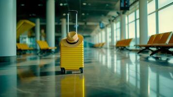 ai gerado só viagem aventura começa - à moda chapéu em repouso em vibrante amarelo mala de viagem às aeroporto foto