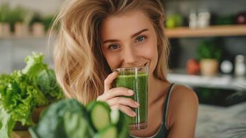 ai gerado alegre mulher dentro cozinha saboreando verde desintoxicação batido para equilibrado dieta e nutrição foto