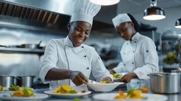 sorridente africano americano chefs preparando gourmet pratos dentro profissional cozinha foto