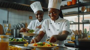 sorridente africano americano chefs preparando gourmet pratos dentro profissional cozinha foto