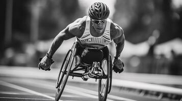 paralímpico atleta dentro cadeira de rodas corrida concorrência foto