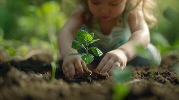 jovem criança ternamente plantio uma pequeno plantinha dentro a jardim foto