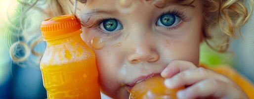 uma de olhos arregalados criança garras uma mini suco garrafa avidamente alcançando para uma trago com pegajoso dedos foto