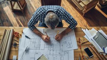 uma homem sentado às dele escrivaninha cercado de elaboração Ferramentas e desenhando acima detalhado chão planos para dele casa renovação foto