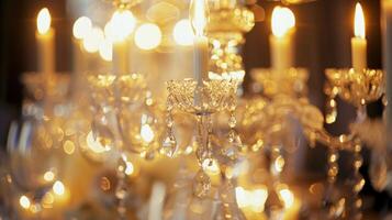 uma deslumbrante lustre acima a mesa reflete a luz de velas adicionando a encantador toque para a cena. 2d plano desenho animado foto