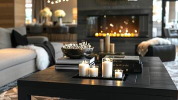 uma lustroso Preto café mesa coberto com perfumado velas e uma pilha do livros complementa a simples ainda elegante Projeto do a lareira dentro a lobby canto. 2d plano desenho animado foto