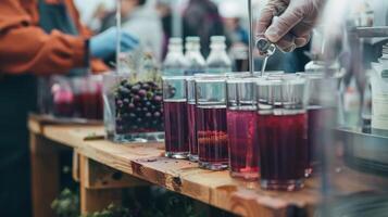 uma livre amostra estação permitindo participantes para experimentar diferente sabugueiro bebidas e descobrir seus favoritos foto