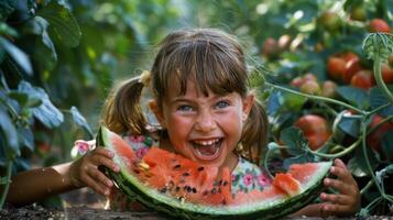 uma jovem menina excitadamente morder para dentro uma fatia do Melancia enquanto vestindo uma festivo melanciaestampado foto