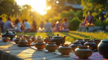 a ao ar livre chá cerimônia leva Lugar, colocar Como a Sol conjuntos criando uma sereno e pacífico atmosfera para convidados foto