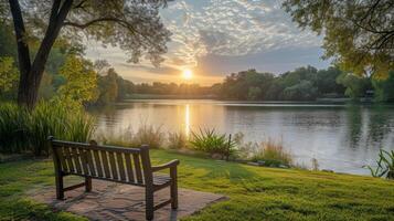 uma tranquilo lago configuração a perfeito pano de fundo para uma criativo escrevendo retiro para aposentados olhando para expandir seus literário horizontes foto