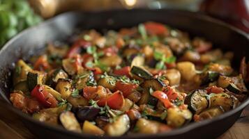 isto forte refeição do lareira Ratatouille traz juntos a calor do uma acolhedor fogo e a reconfortante sabores do assado no fogo Berinjela abobrinha e Sino pimentas foto