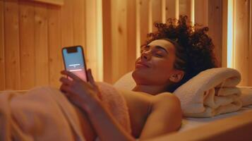 uma mulher deitado em uma toalha dentro a sauna usando uma guiado meditação aplicativo em dela telefone para Socorro dela descontrair. foto
