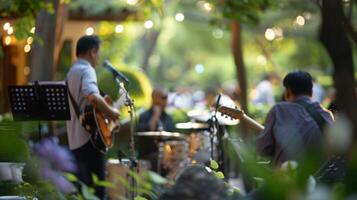 uma viver banda jogando suave fundo música adicionando para a elegante e sereno atmosfera do a mocktail jardim festa foto