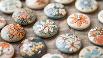 uma conjunto do cerâmico botões com intrincado floral desenhos exibindo a delicado e detalhado trabalhos este vai para dentro fazer cada um. foto
