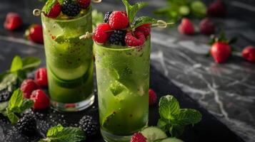 uma vívido verde coquetel torre enfeitado com uma espeto do fresco bagas e aromático ervas apresentando uma assinatura mistura do Prêmio vodka pepino e hortelã para uma fresco e refrescante libação foto