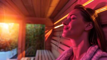 uma mulher goza a saúde benefícios do infravermelho calor enquanto usando a faça você mesmo sauna kit dentro dela lar. foto