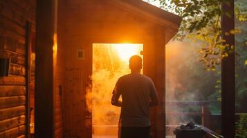 uma pessoa pisar Fora do a sauna levando uma profundo respiração do legal fresco ar. foto