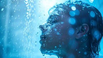 uma pessoa resfriamento baixa dentro uma chuveiro depois de a infravermelho sauna sessão com uma rubrica enfatizando a precisar para enxaguar fora suor e toxinas para ótimo segurança. foto