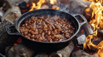 Como a chamas dança e crepitar uma Panela do salgado fogueira feijões cozinheiros para perfeição cada mordida estourando com a delicioso sabores do Castanho açúcar cebolas e alho foto