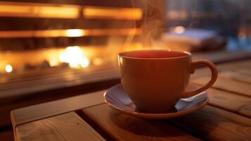 uma reconfortante copo do quente chá para estar curtiu enquanto aquecendo dentro a calor do a infravermelho sauna. foto