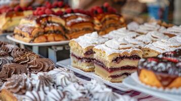 a festival Além disso ofertas tradicional alemão pastelaria e sobremesas tal Como maçã torta e Preto floresta bolo para Essa com uma doce dente foto