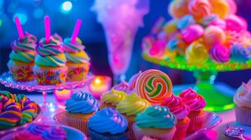 uma espalhar do neon colorido lanches e sobremesas Incluindo brilhando algodão doce e bastão luminosodecorado bolos de copo foto