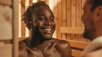 uma homem dentro uma sauna sorrisos Como ele ações com uma amigo quão regular sauna usar tem significativamente diminuiu dele costas dor. foto