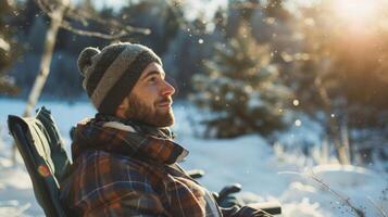 uma homem atendendo uma bem estar retiro especificamente projetado para homens durante a inverno concentrando em holístico práticas e autocuidados técnicas foto