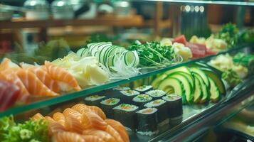 uma exibição do vários ingredientes para Sushi Incluindo fresco abacate pepino e em conserva gengibre foto