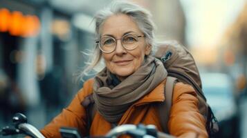 uma Senior mulher com confiança passeios dela bicicleta através a cidade provando este era é somente uma número quando isto vem para ficando ativo e desfrutando ao ar livre Atividades foto