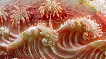 detalhado esculturas do Palma árvores e ondas em uma Melancia transportando espectadores para uma tropical paraíso com somente 1 relance foto